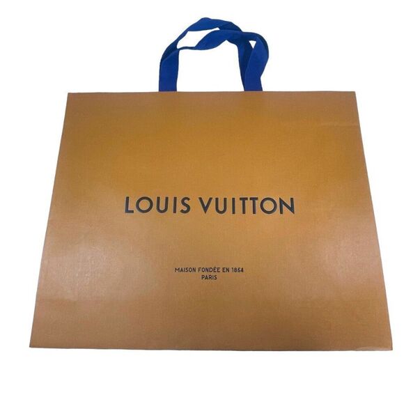 Louis Vuitton Large Brown Shopping Bag Gift Tote Blue Handles 15x19 Large Authen - Picture 1 of 5